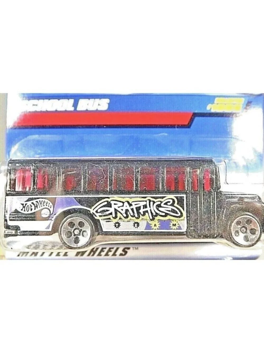 Vintage Die Cast Hot Wheels 1999 SCHOOL BUS #1055 Black Graphics 5 Hole Mattel